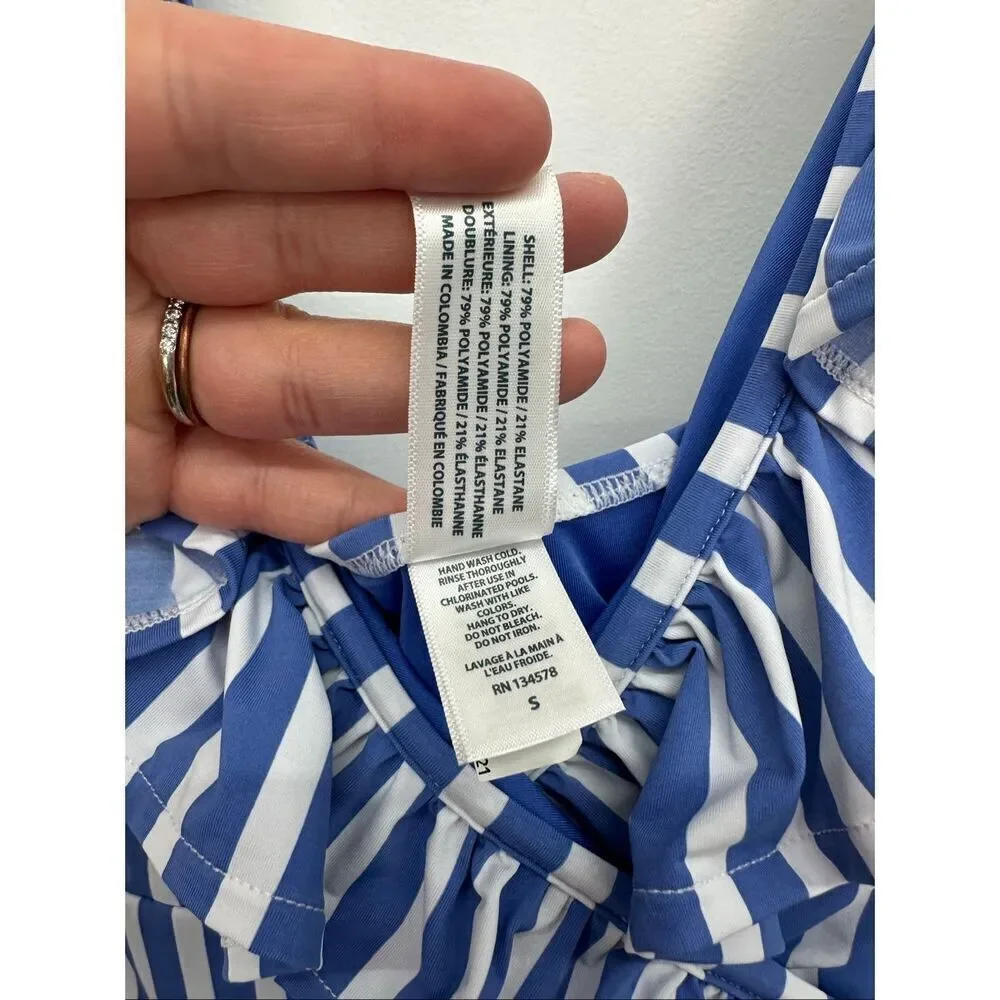 Vineyard Vines Women’s Blue and White Sail Stripe Ruffle One-Piece Swimsuit